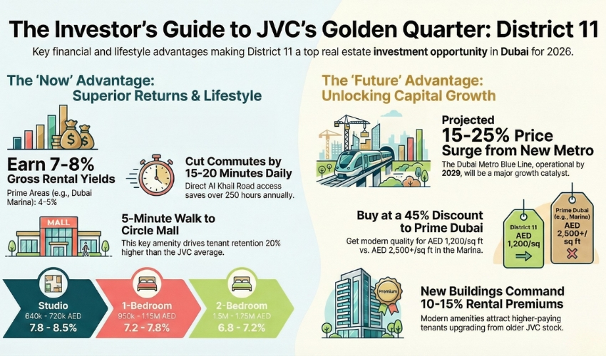 District 11 JVC investor guide infographic 7-8% yields 20-min commute savings Metro Blue Line 15-25% appreciation forecast.