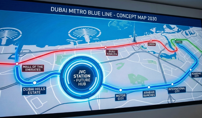 Dubai Metro Blue Line route map JVC station location 2029 transit oriented development property values