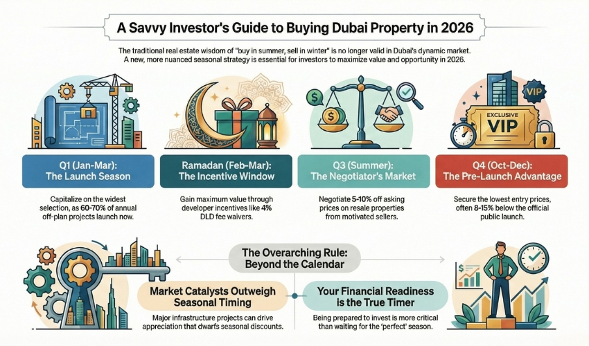 Dubai property investment 2026 seasonal guide Q1 launch Ramadan DLD waivers summer negotiation Q4 pre-launch market timing.