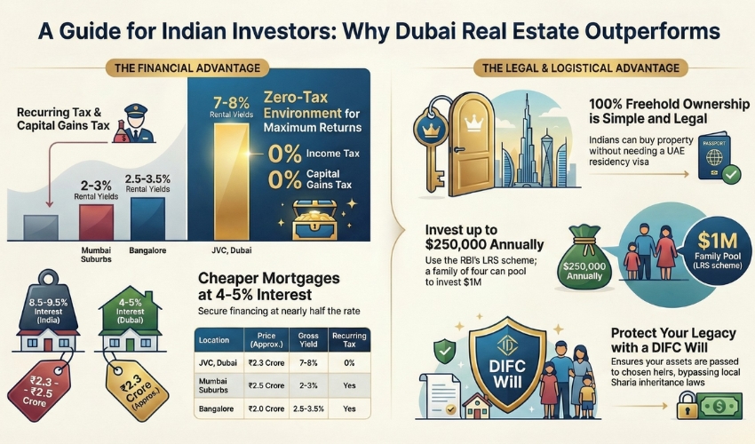 Indian investors Dubai property advantages 7-8% yields zero tax 4-5% mortgages RBI LRS $250K freehold DIFC will comparison