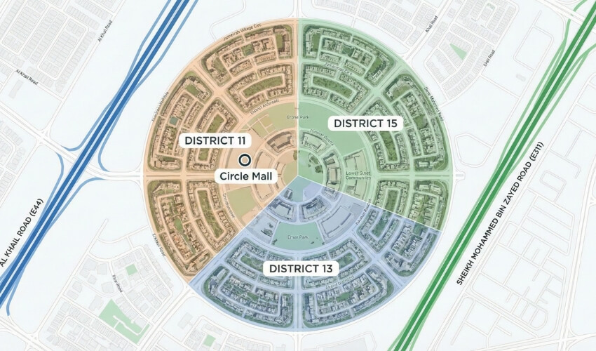 JVC Dubai district map showing District 11 13 15 locations with Al Khail Road Sheikh Mohammed Bin Zayed Road access points
