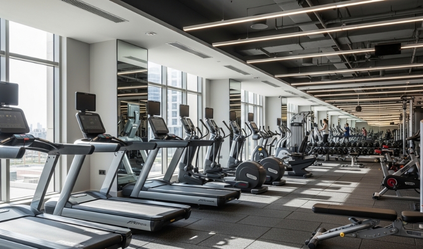 Wellfit gym Circle Mall JVC modern fitness center cardio equipment Dubai District 11 wellness facility