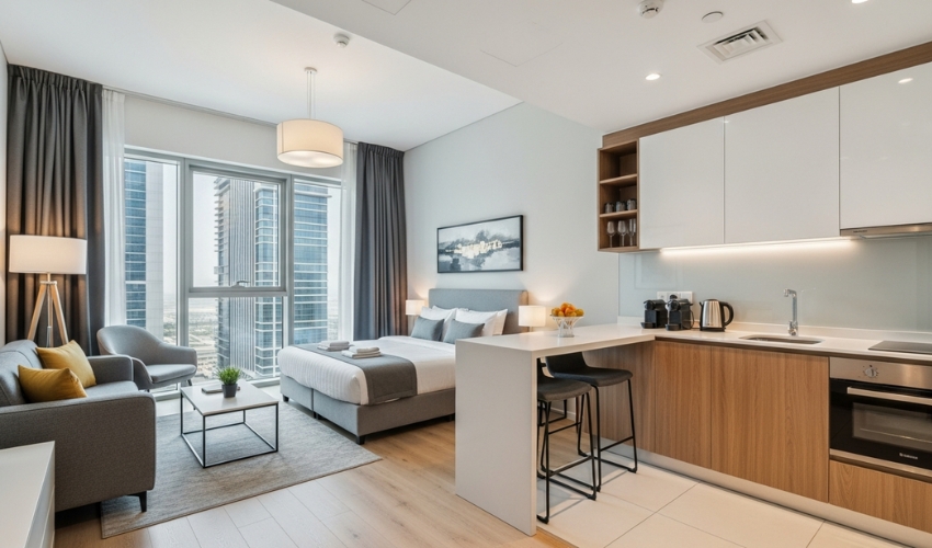 Modern studio apartment Dubai interior design open plan living space contemporary furniture young professional lifestyle