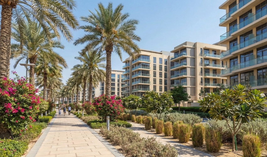 JVC District 11 walkable neighborhood pedestrian path green spaces Dubai residential community real estate