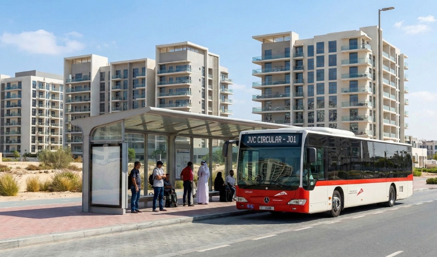 RTA bus J01 route JVC bus stop Jumeirah Village Circle Dubai public transport Mall of Emirates metro connection