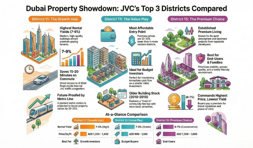 Dubai Property Showdown infographic comparing JVC Districts 11 13 15 with rental yields prices amenities
