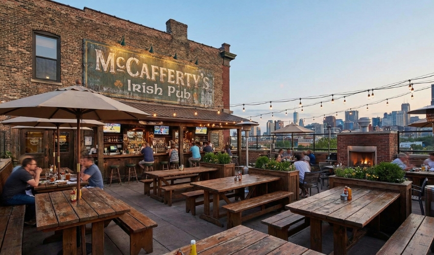 McCaffertys Irish Pub Circle Mall JVC rooftop dining outdoor seating Dubai nightlife District 11 restaurant