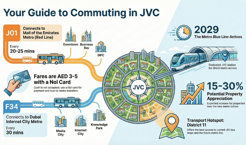 JVC commuting guide infographic J01 F34 bus routes Mall Emirates Internet City metro Nol card fares 2029 Blue Line station.