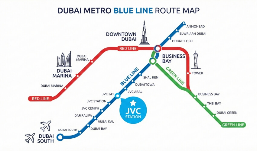 Dubai Metro Blue Line route map highlighting planned JVC station location with connection to Red Green lines 2029