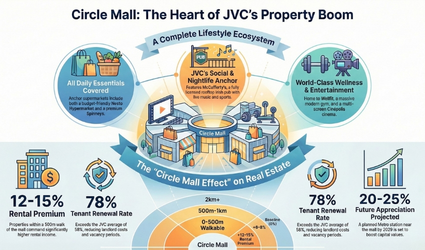 Circle Mall JVC property impact infographic showing 12-15% rental premium 78% tenant renewal 20-25% appreciation District 11