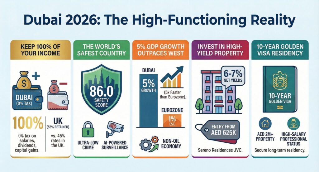 Dubai 2026 infographic 0% tax 100% income world safest country 86.0 score 5% GDP growth 6-7% property yields Golden Visa.