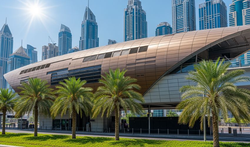 Dubai Metro Blue Line modern elevated station bronze metallic panels limestone facade palm trees luxury towers.
