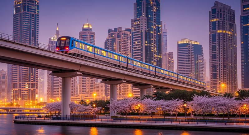 Dubai Metro Blue Line train elevated bridge crossing Dubai Creek waterfront luxury skyscrapers background