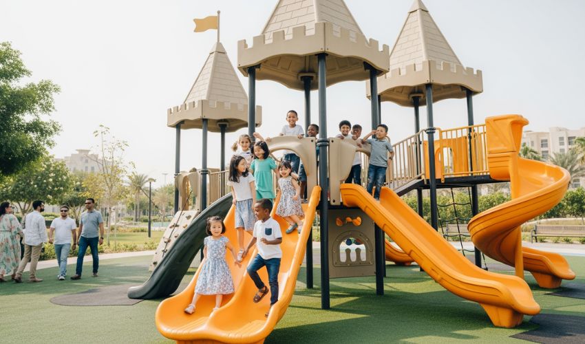 JVC Castle Park District 14 Dubai children playing castle playground slides climbing frames family-friendly green space