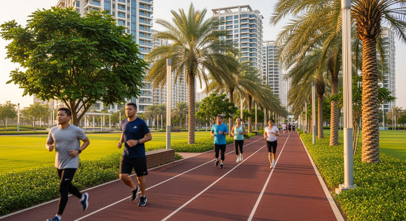 JVC Dubai community park jogging track District 11 outdoor fitness lifestyle palm trees residential towers