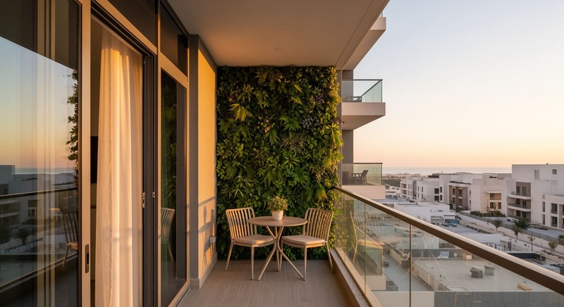 JVC apartment balcony extension living room vertical garden biophilic design Dubai space expansion outdoor