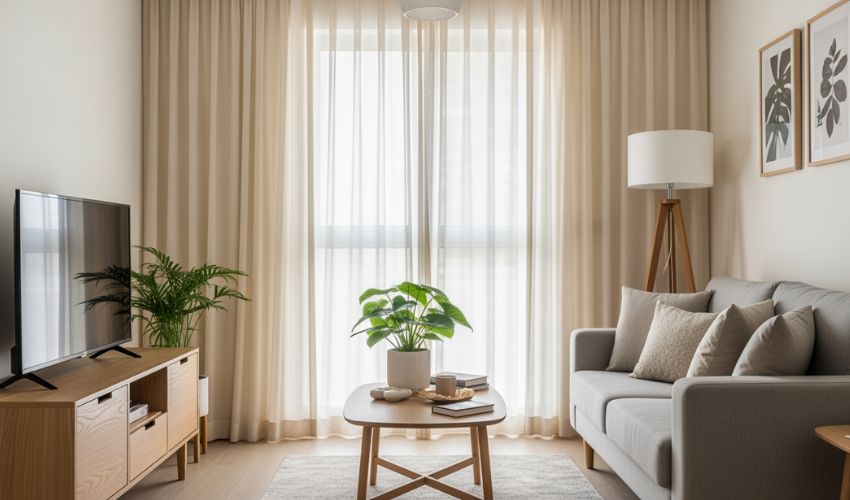 JVC apartment living room light neutral colors floor-to-ceiling curtains spacious small space design Dubai interior