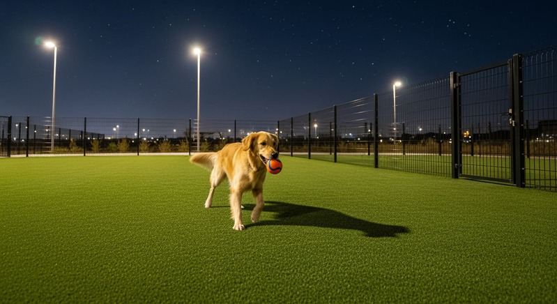 JVC dog park Dubai pet-friendly off-leash area Golden Retriever playing fenced green space community