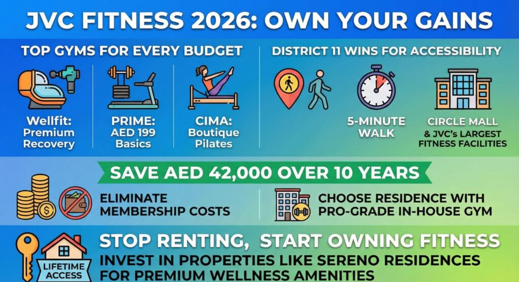 JVC fitness guide 2026 Wellfit Prime CIMA gym costs District 11 walkable Circle Mall save AED 42K own property with gym.