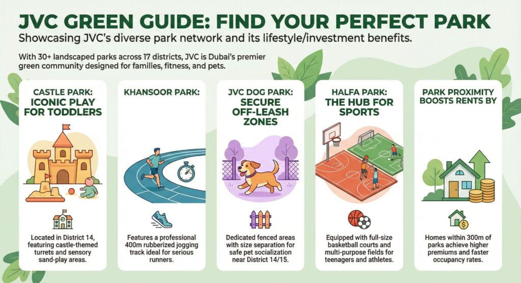 JVC green guide parks infographic Castle Park toddlers Khansoor jogging dog park Halfa sports property value 8-12% premium.