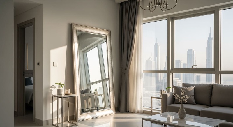 Large mirror opposite window Dubai apartment doubling natural light small living room space illusion interior design